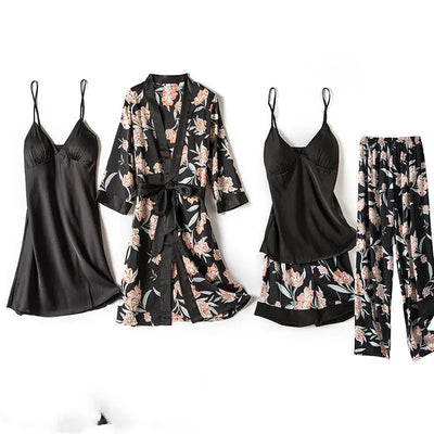 5-Piece Luxury Satin Kimono Sleepwear Set – Floral & Solid Mix Trendarium