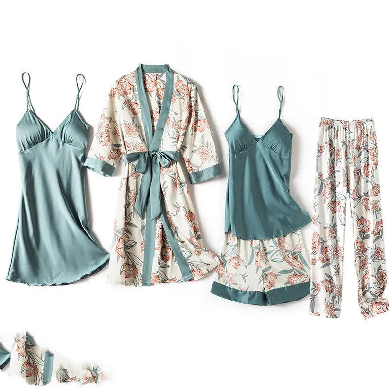5-Piece Luxury Satin Kimono Sleepwear Set – Floral & Solid Mix Trendarium