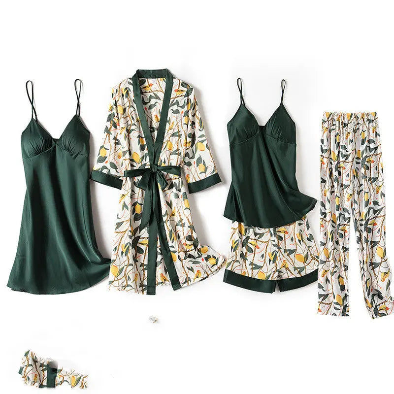 5-Piece Luxury Satin Kimono Sleepwear Set – Floral & Solid Mix Trendarium