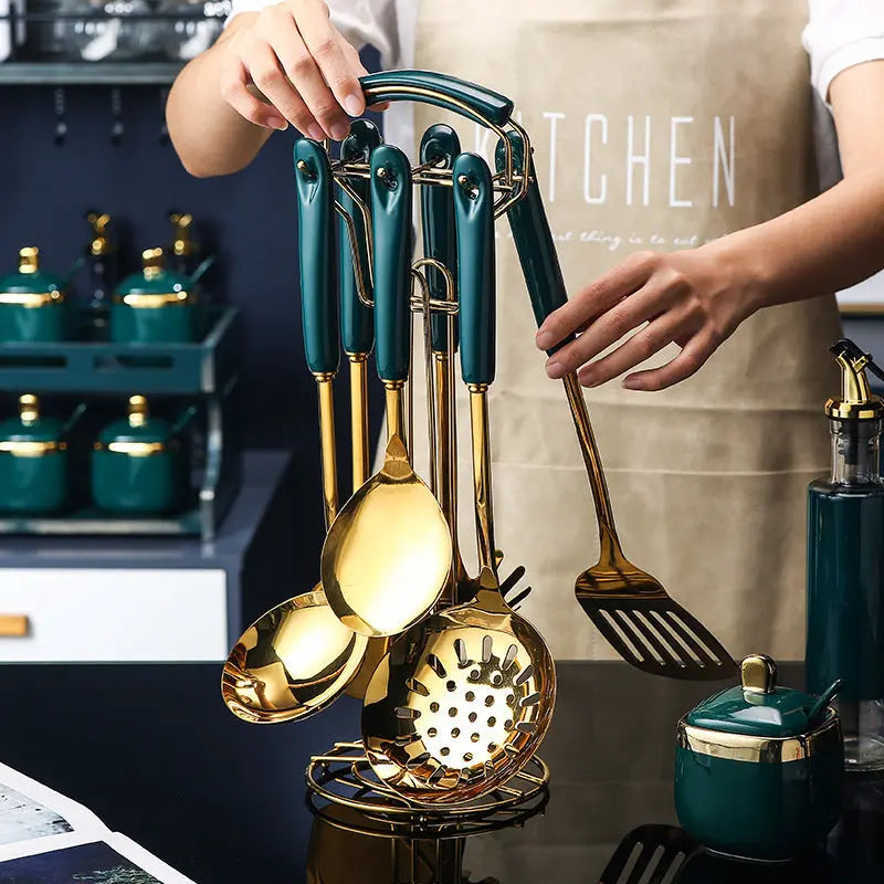 EleganceEdge™ – 7-Piece Gold & Teal Kitchen Utensil Set Trendarium