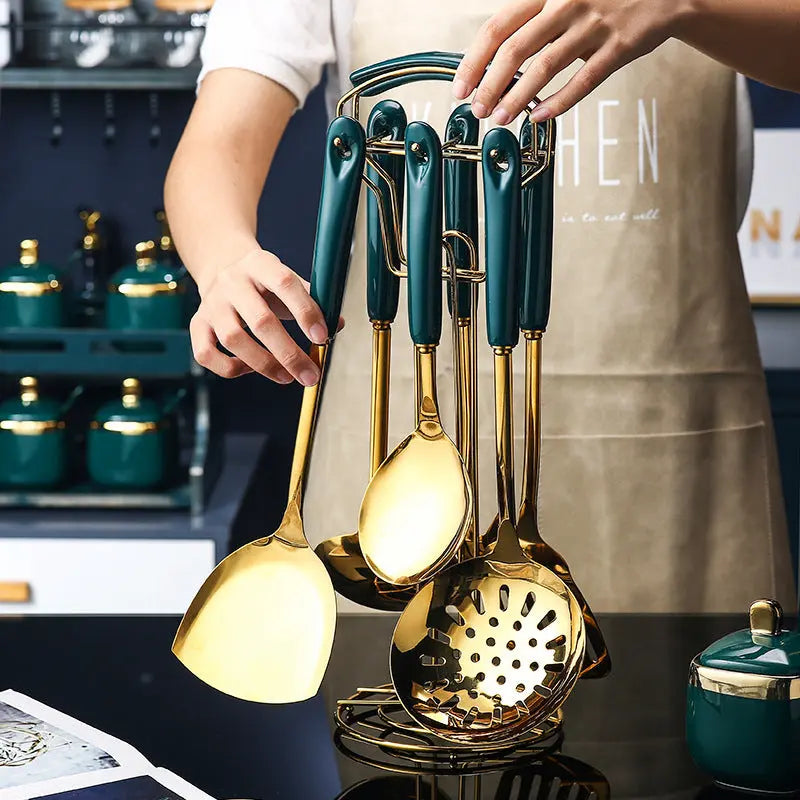 EleganceEdge™ – 7-Piece Gold & Teal Kitchen Utensil Set Trendarium