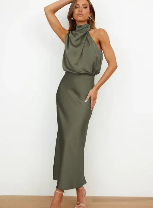 Silk Elegance Drape Halter Dress – Evening & Party Wear Trendarium