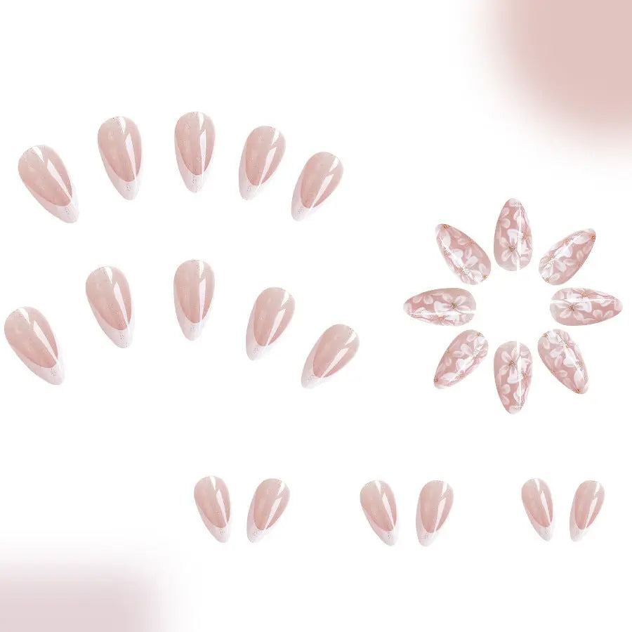 Short Glossy Almond Nail French Style Temperament Glittering Powder Flower Removable Trendarium