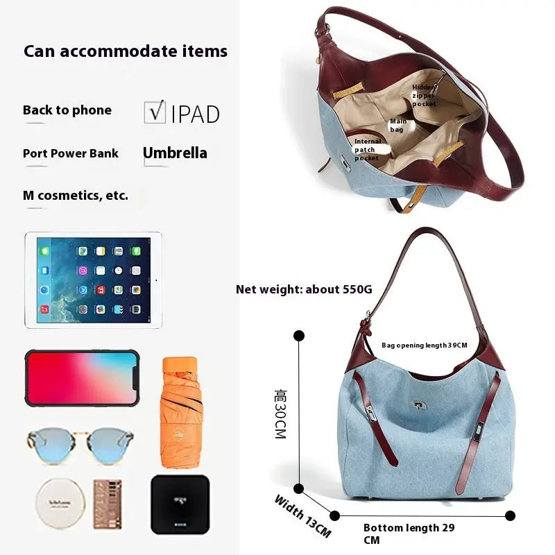 Top Layer Cowhide With Denim Fashion All-match Large Capacity Shoulder Tote Bag Trendarium