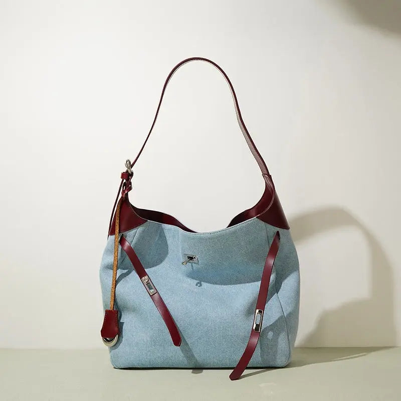 Top Layer Cowhide With Denim Fashion All-match Large Capacity Shoulder Tote Bag Trendarium