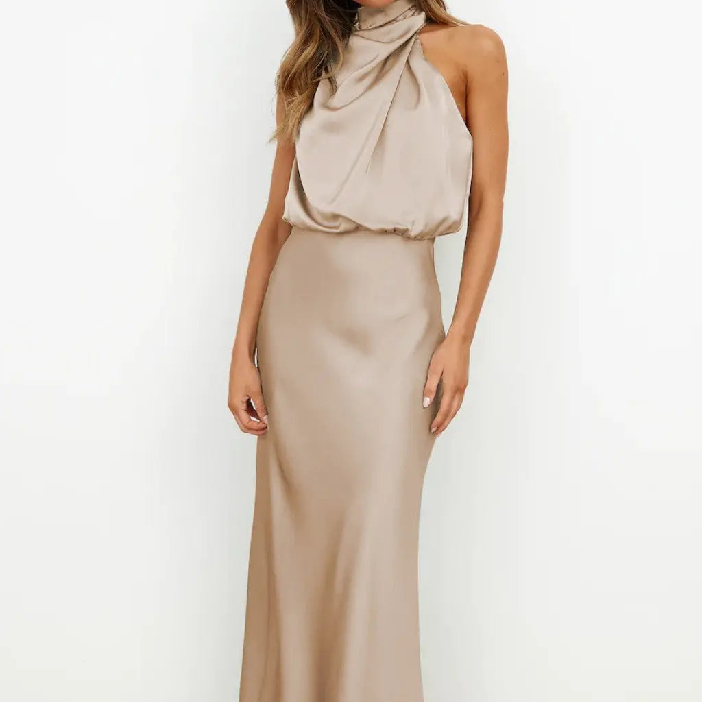 Silk Elegance Drape Halter Dress – Evening & Party Wear Trendarium
