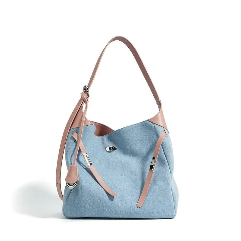 Top Layer Cowhide With Denim Fashion All-match Large Capacity Shoulder Tote Bag Trendarium