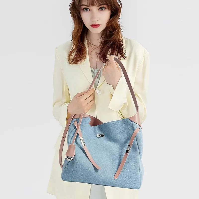 Top Layer Cowhide With Denim Fashion All-match Large Capacity Shoulder Tote Bag Trendarium