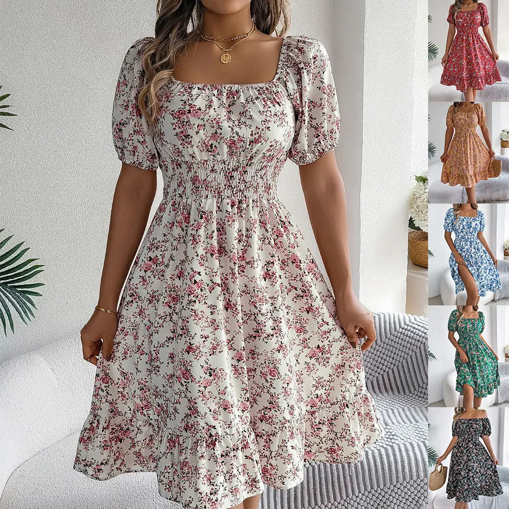 Floral Print Square Collar Dress Trendarium