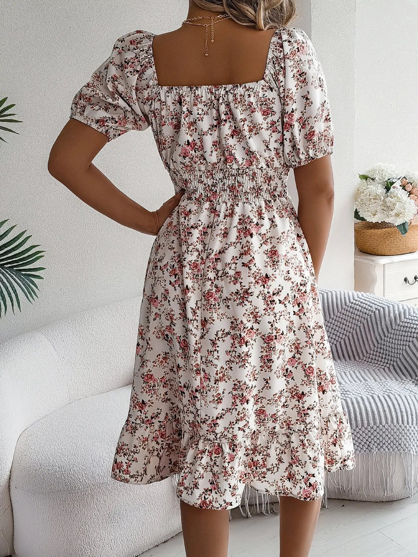 Floral Print Square Collar Dress Trendarium