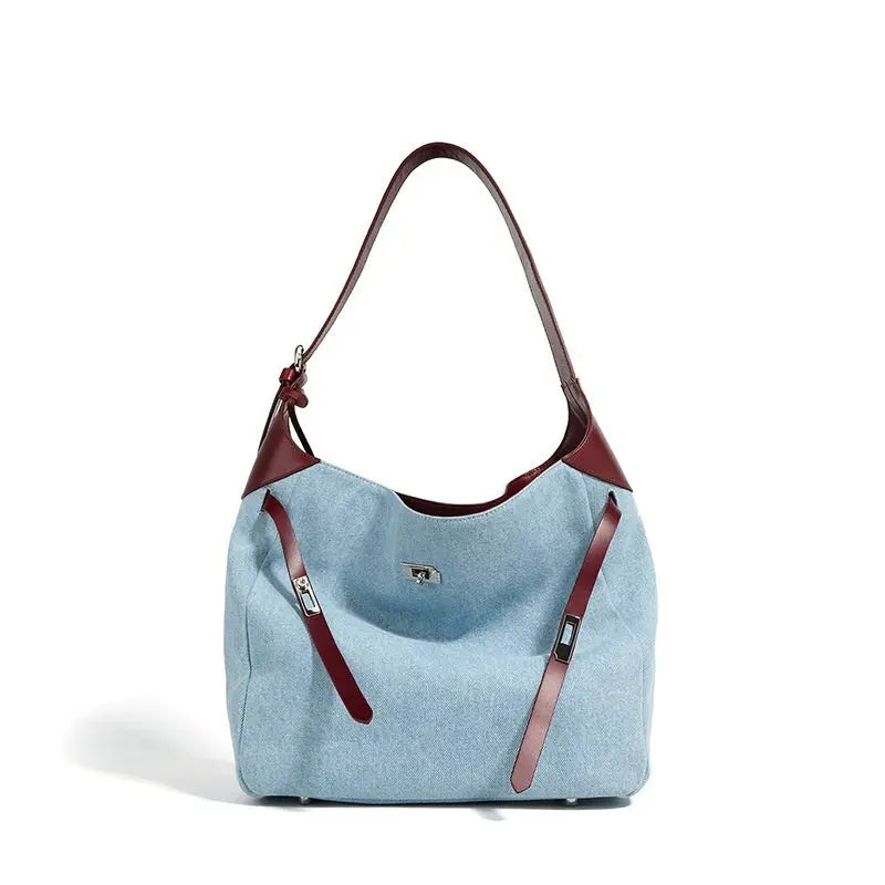 Top Layer Cowhide With Denim Fashion All-match Large Capacity Shoulder Tote Bag Trendarium