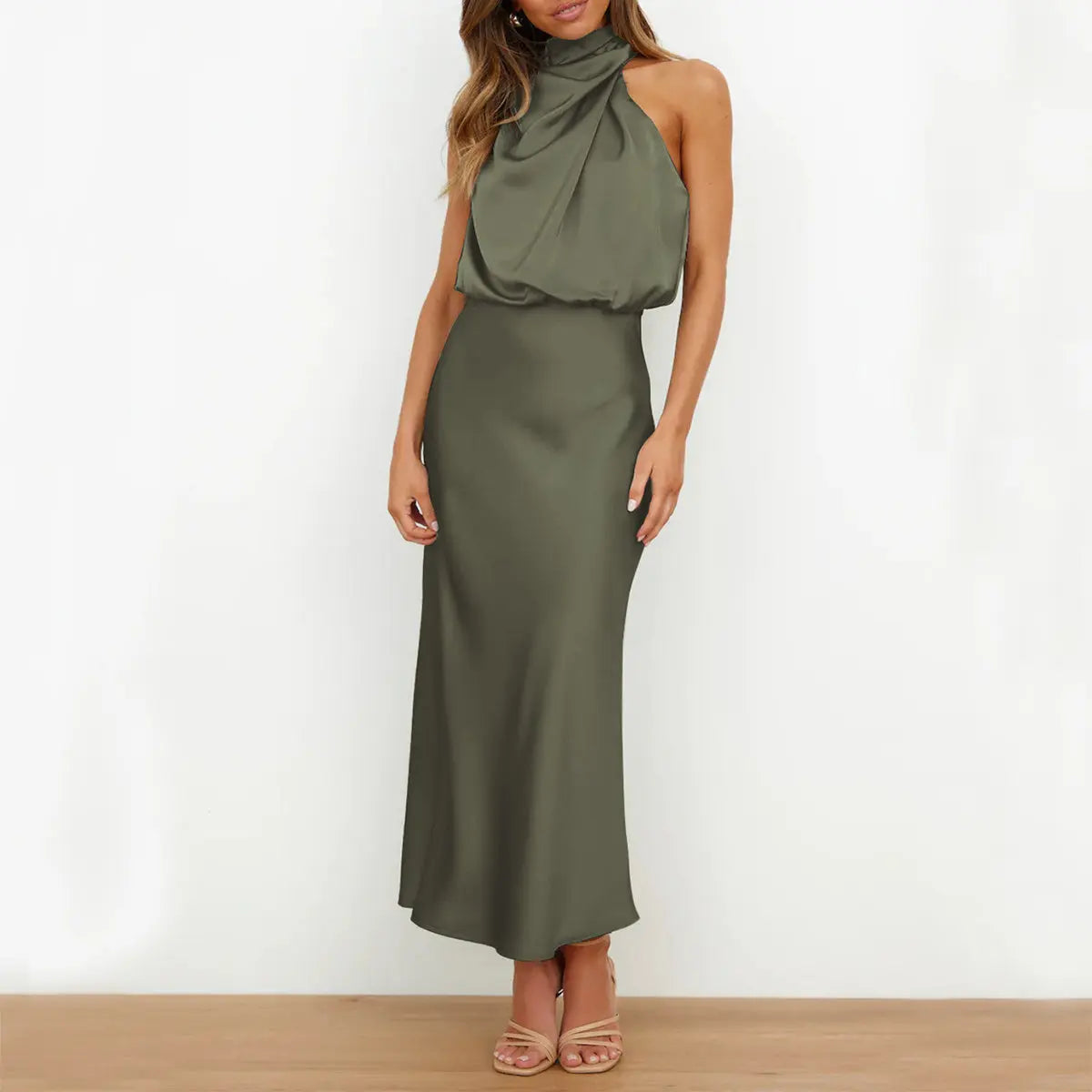 Silk Elegance Drape Halter Dress – Evening & Party Wear Trendarium