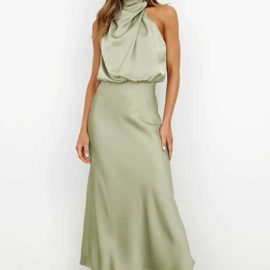 Silk Elegance Drape Halter Dress – Evening & Party Wear Trendarium