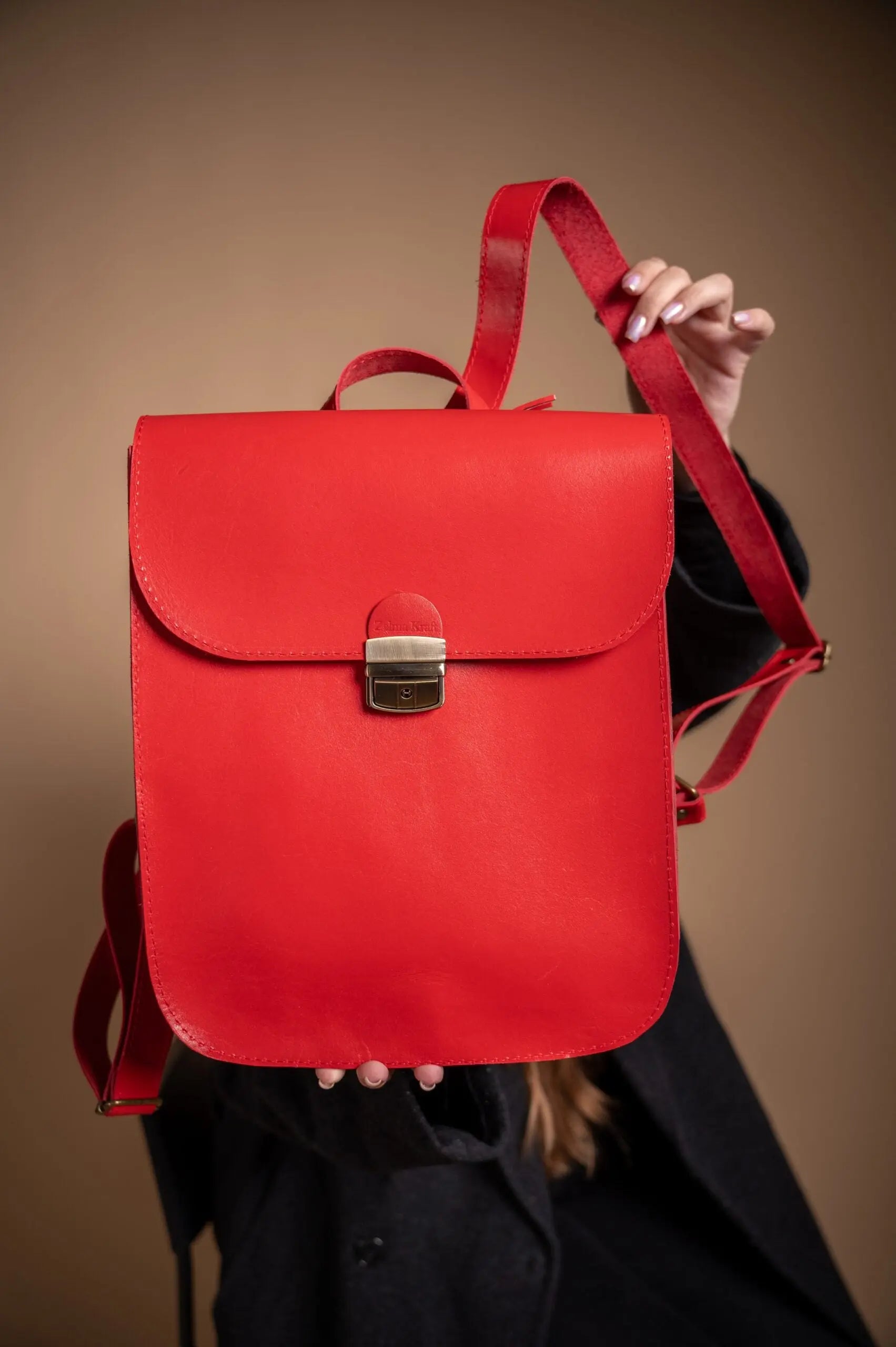 Natural Leather Saddle Backpack - Red