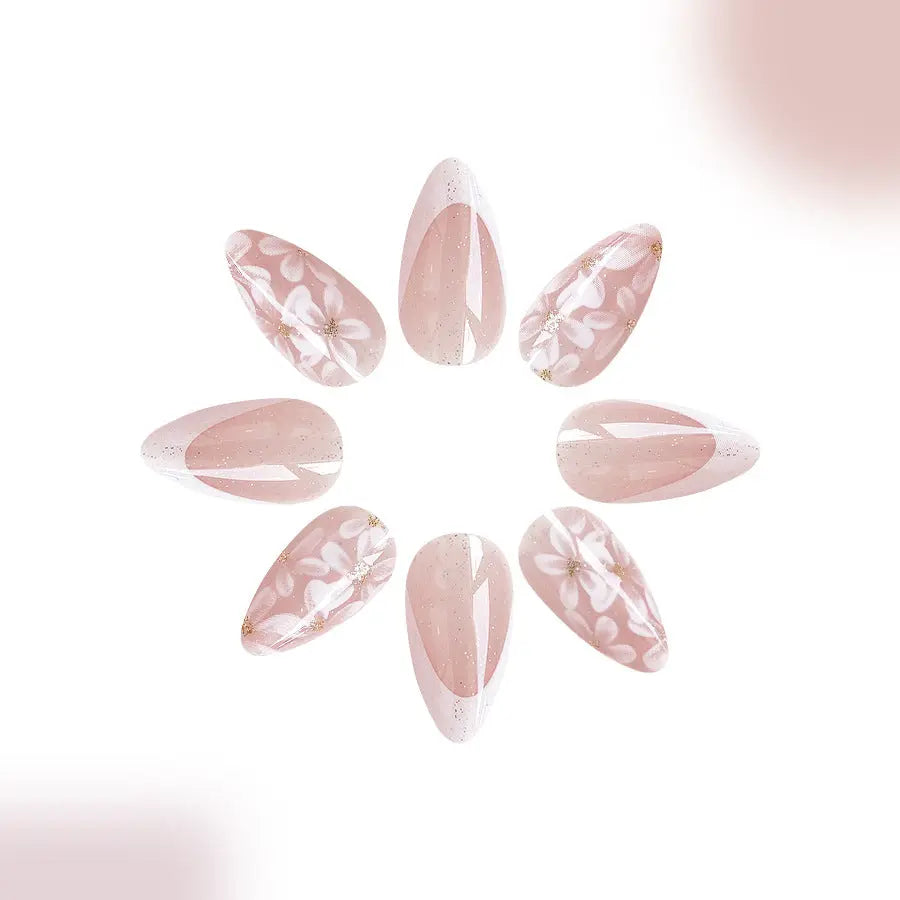 Short Glossy Almond Nail French Style Temperament Glittering Powder Flower Removable Trendarium
