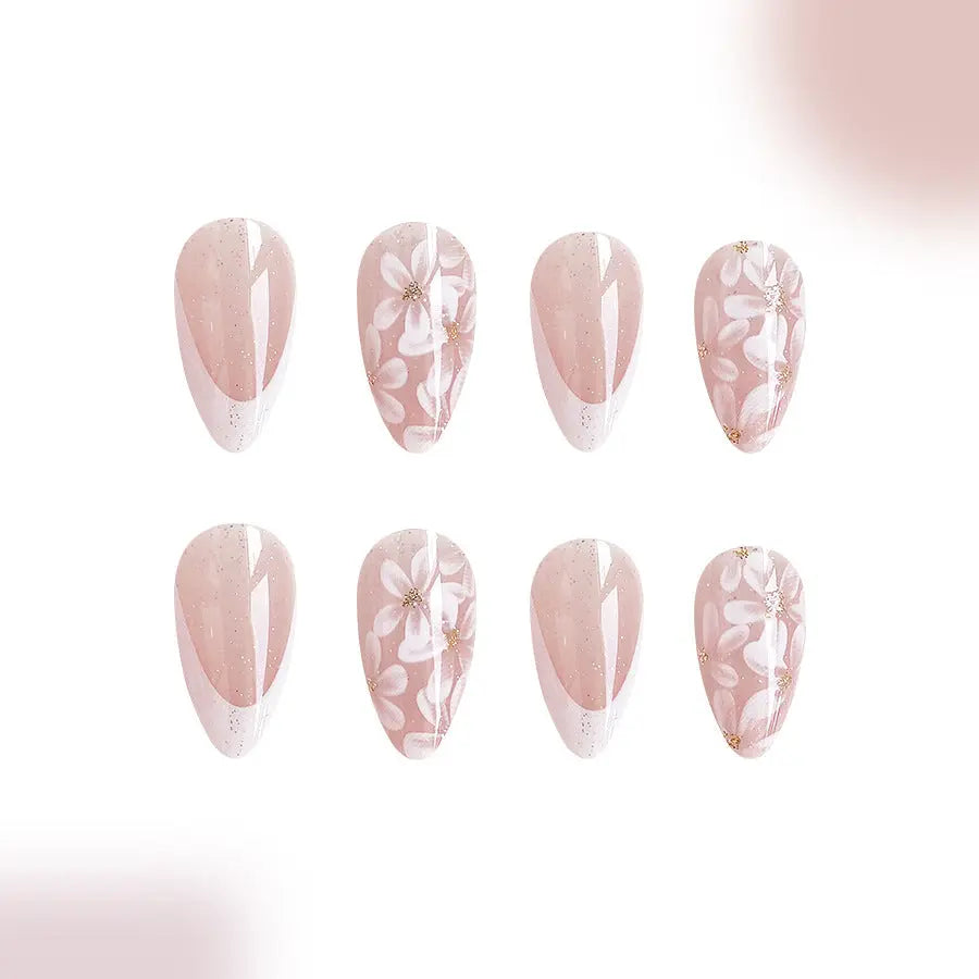 Short Glossy Almond Nail French Style Temperament Glittering Powder Flower Removable Trendarium