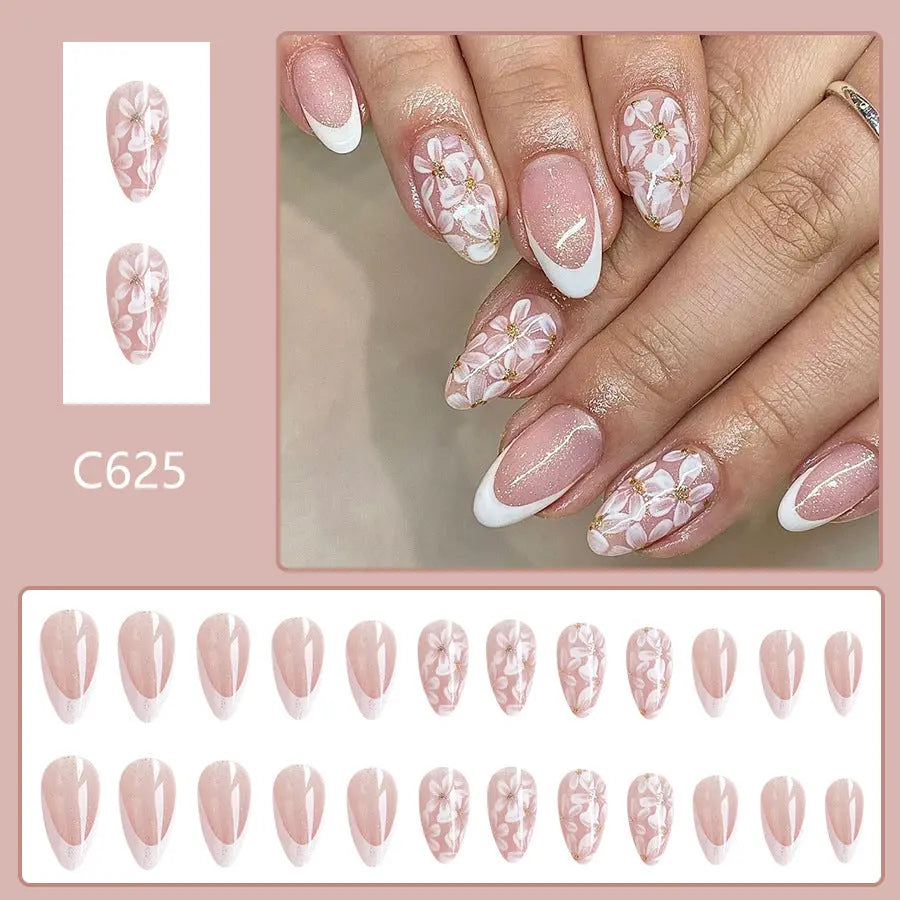 Short Glossy Almond Nail French Style Temperament Glittering Powder Flower Removable Trendarium