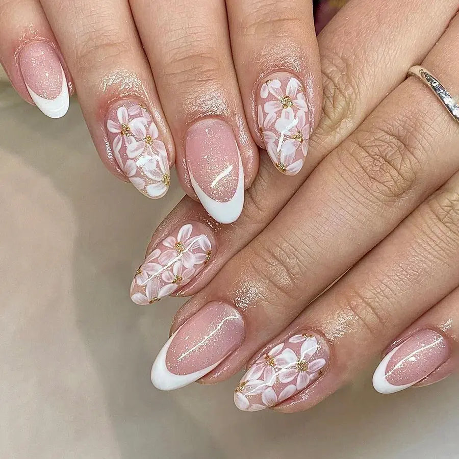 Short Glossy Almond Nail French Style Temperament Glittering Powder Flower Removable Trendarium