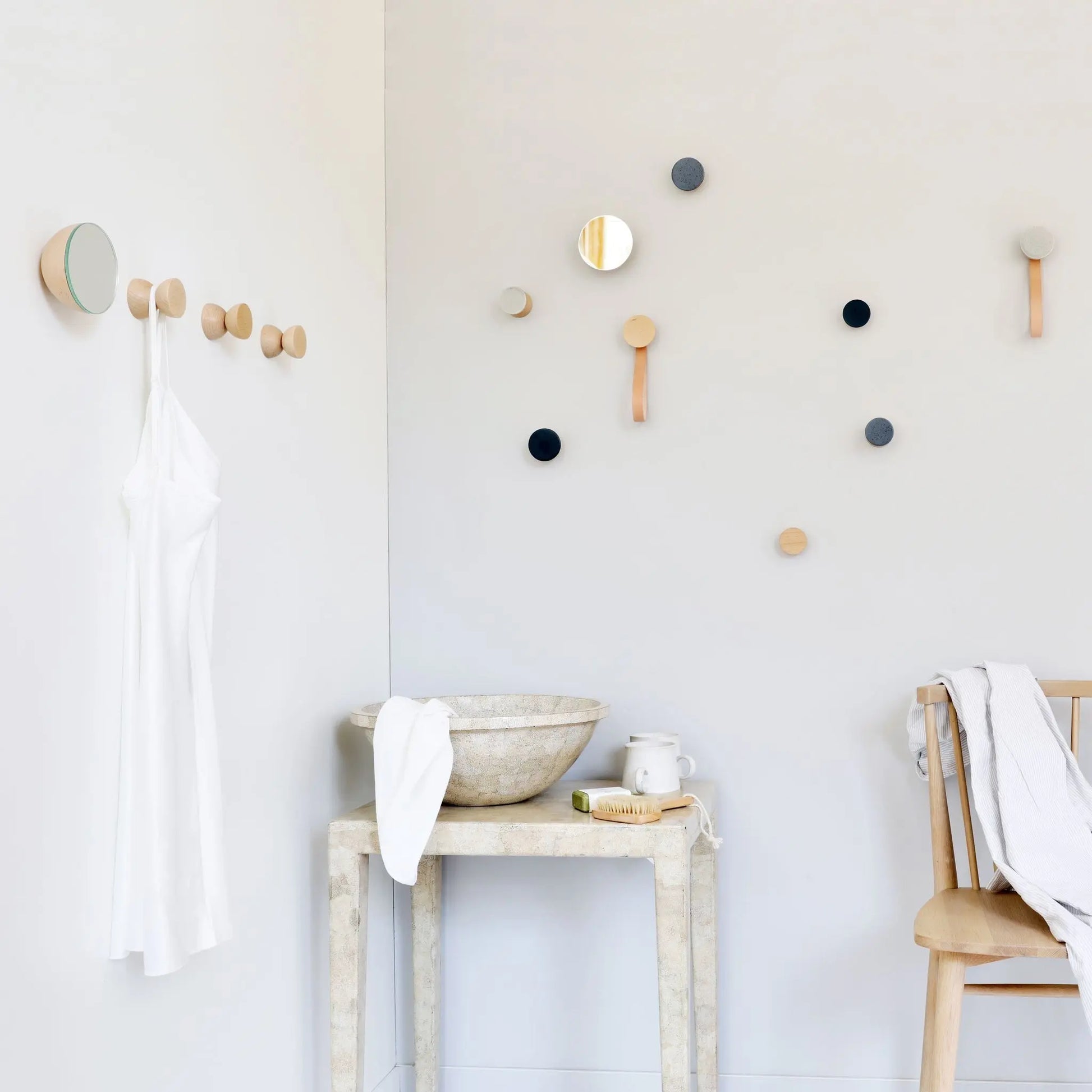Beech Wood & Ceramic Wall Hook / Knob - Grey Sand