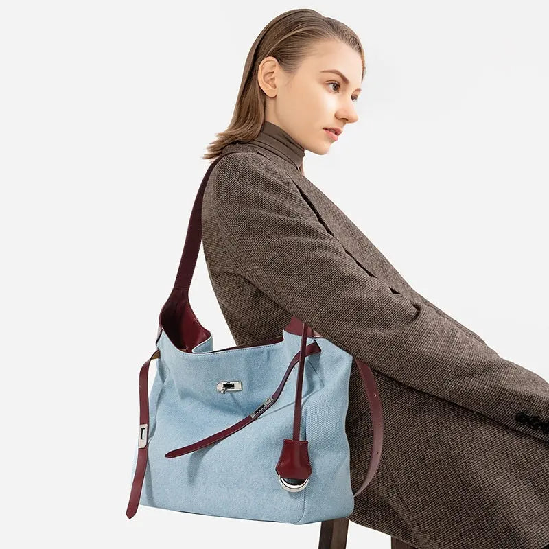 Top Layer Cowhide With Denim Fashion All-match Large Capacity Shoulder Tote Bag Trendarium