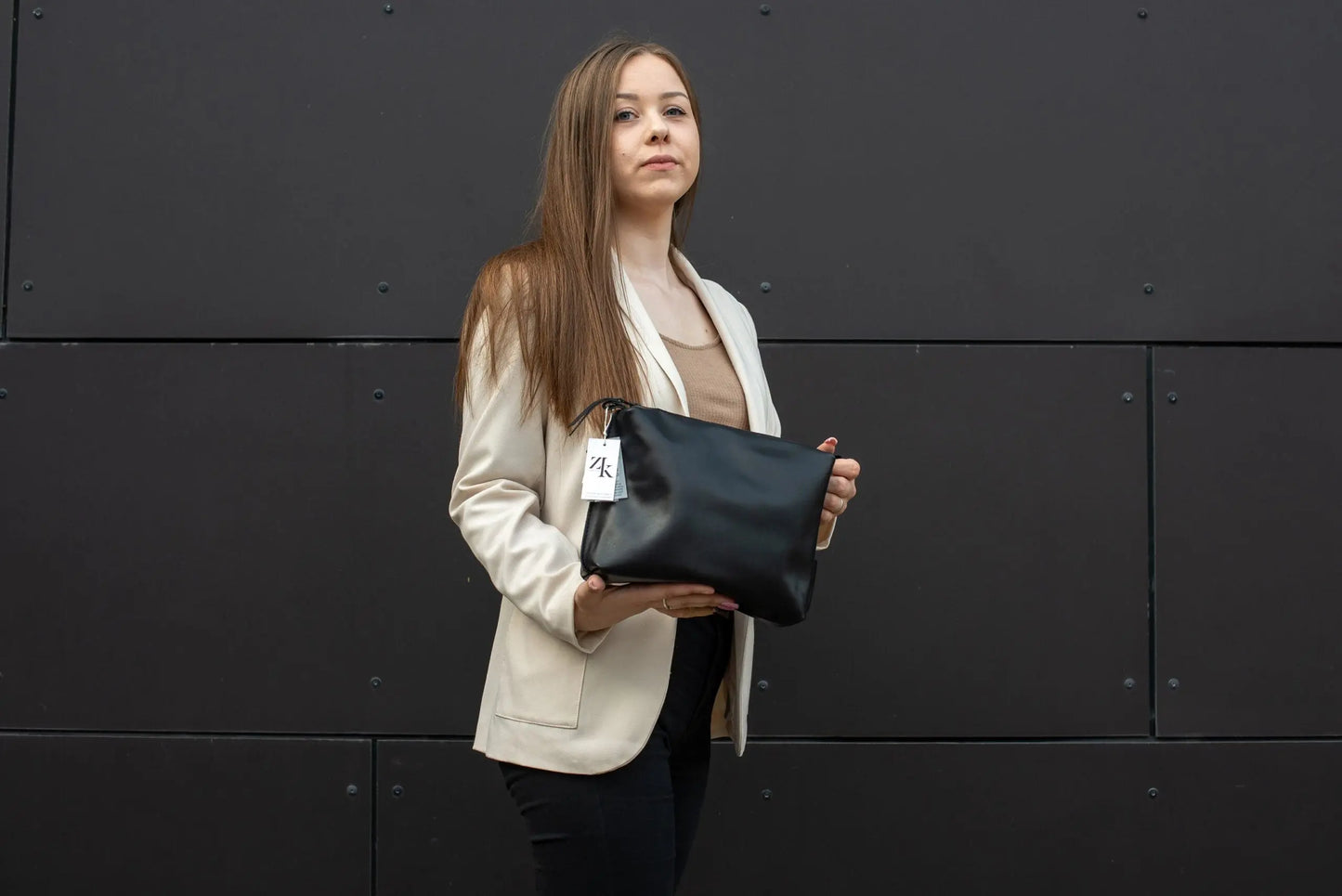 Leather Cosmetic Bag, Black - Large