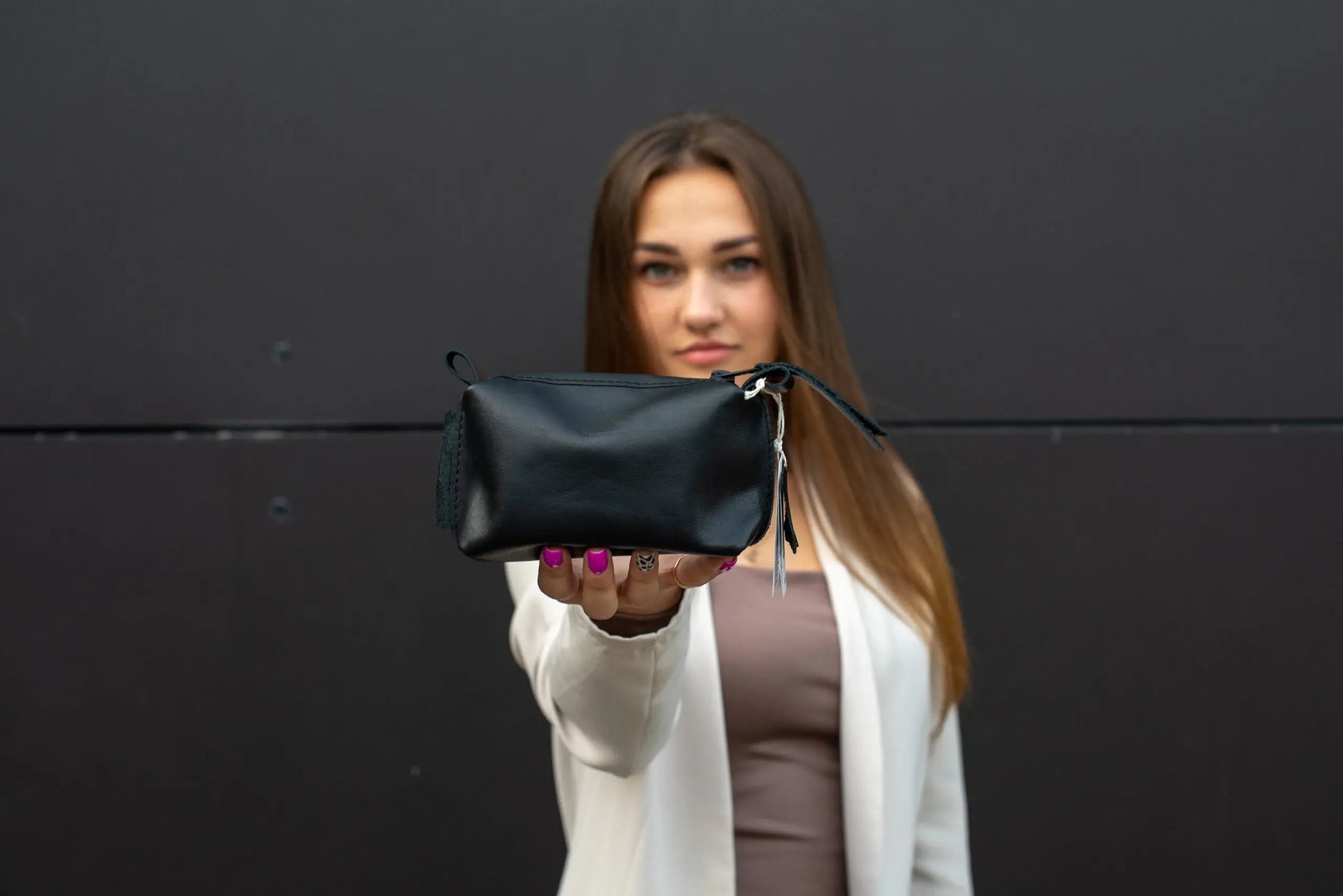 Leather Cosmetic Bag, Black - Small