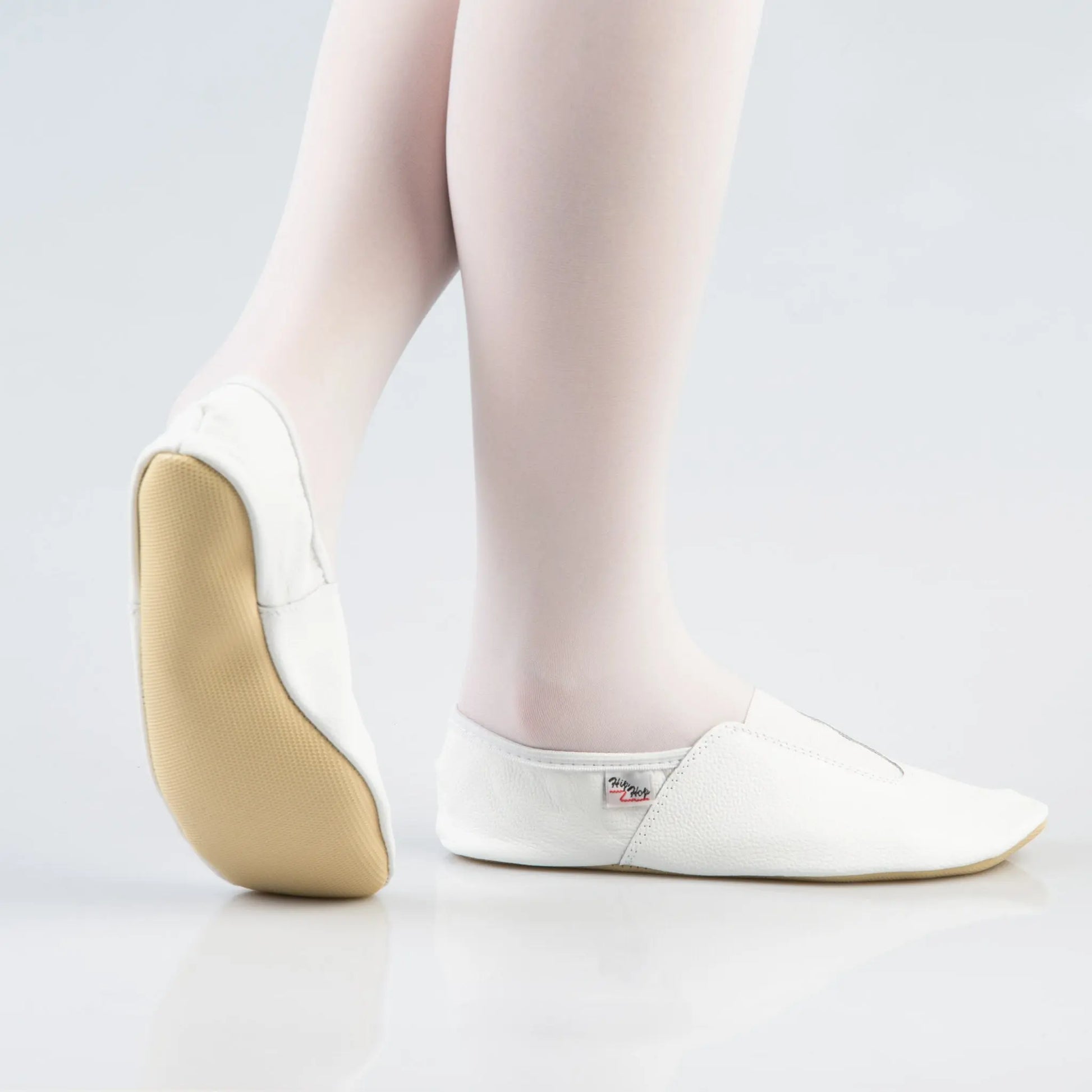 Leather Gymnastics Slippers With Rubber Detail and Sole - White