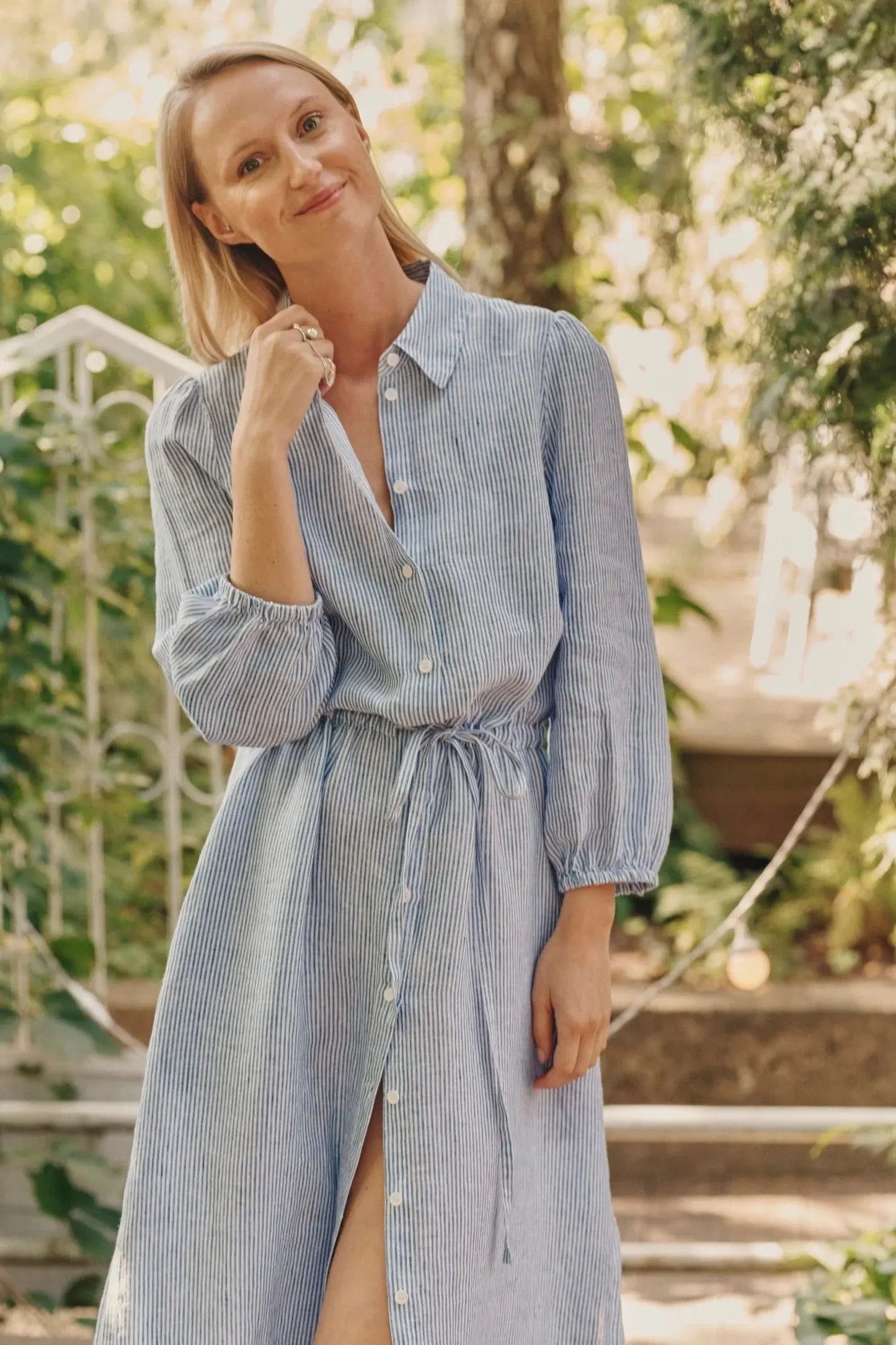 Linen Rhapsody Dress - Blue White Stripes
