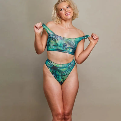 Tan Through Crop Top Bikini Set - Tropical Palm Green