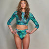 Tan Through Long Sleeve Bikini Set - Tropical Palm Green